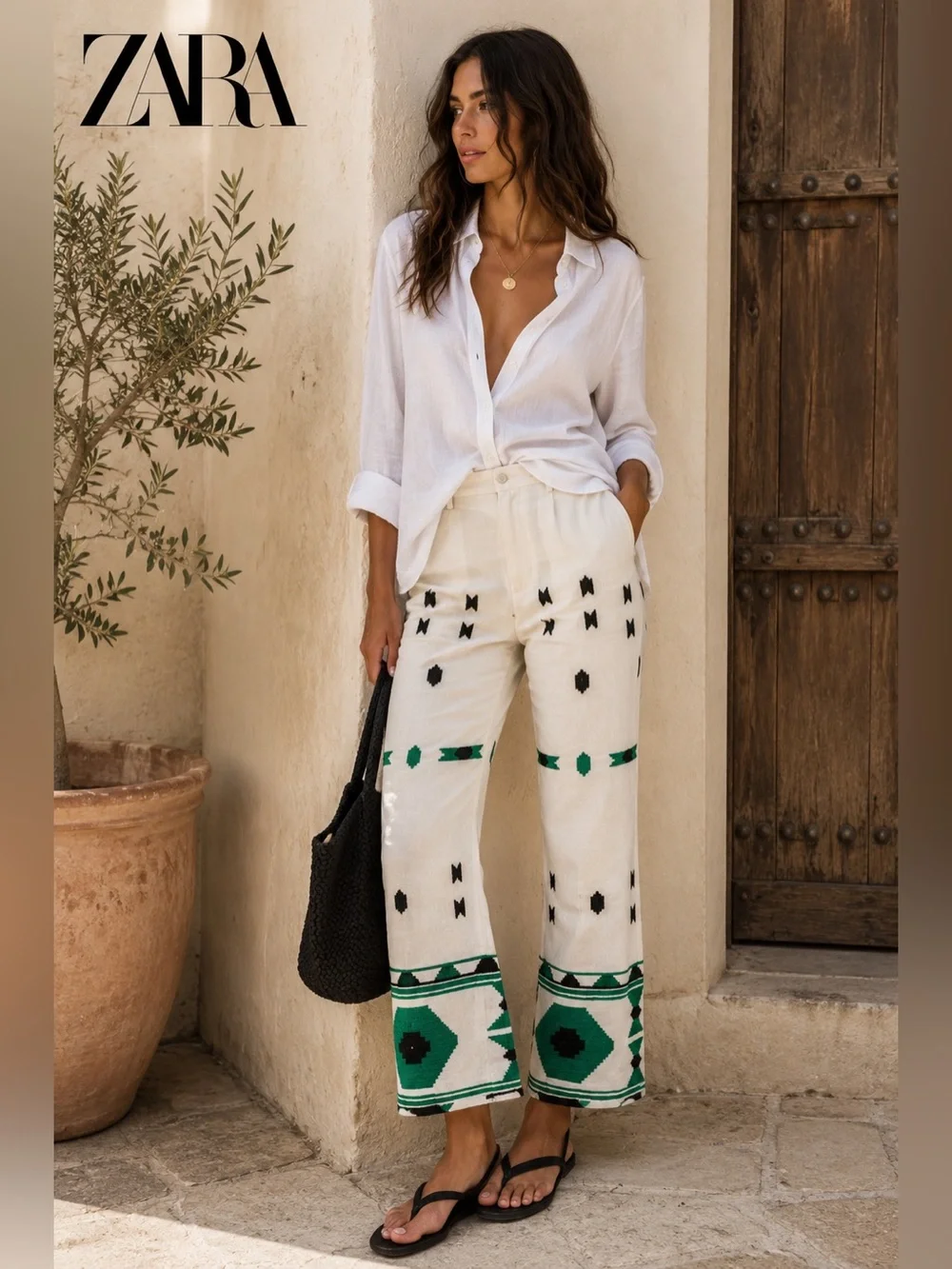 Zara Cropped Embroidered Linen Blend Pants M Ivory Euro Summer Resort Boho U